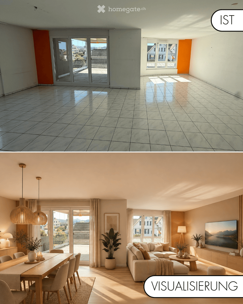 Top: unfurnished living room with large sliding glass doors and tiled floor. Bottom: furnished living and dining area with a sofa, coffee table, dining table, chairs, pendant lights, a TV, and decorative plants.