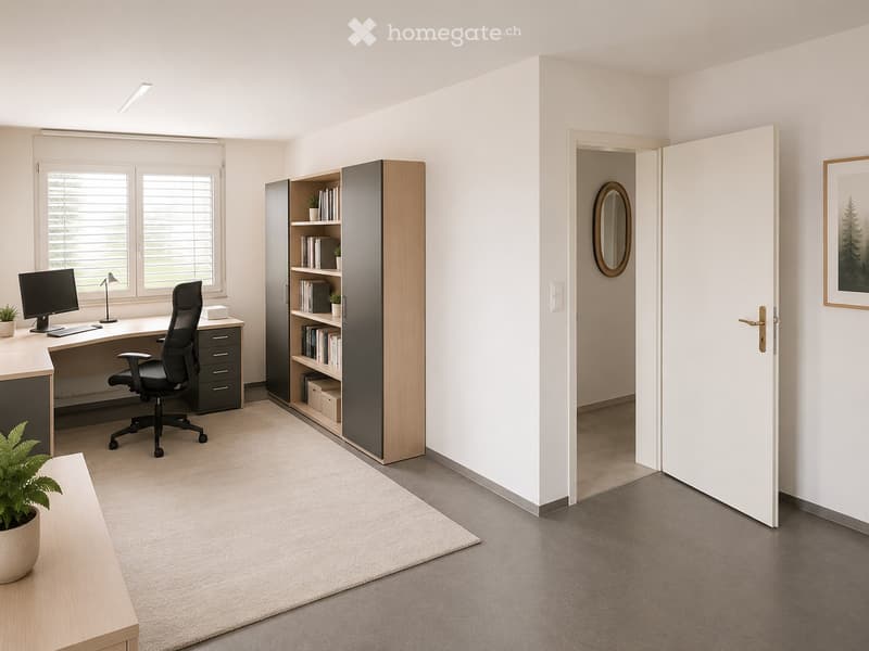 Modern, well-lit office space with a desk, ergonomic chair, bookshelf, computer, and potted plants. Features large windows with blinds and a carpeted floor.
