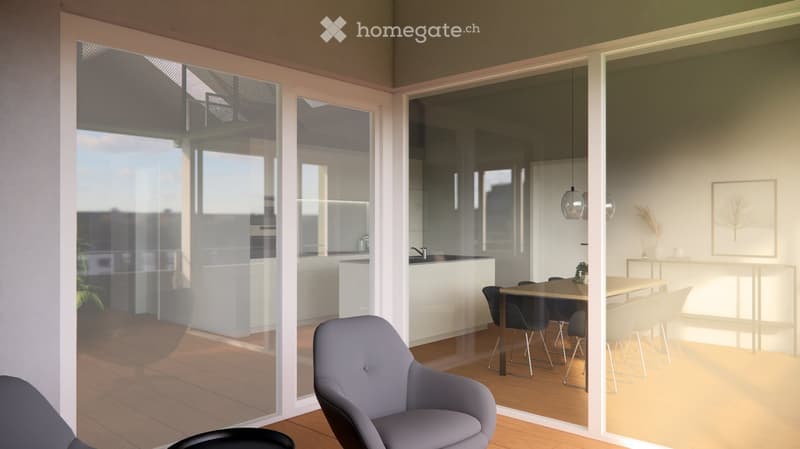 Furnished Room. Modern, open-concept living and dining area with large glass walls, light wood flooring, a grey sofa, a wooden dining table with chairs, and a small kitchen area with a counter and sink.