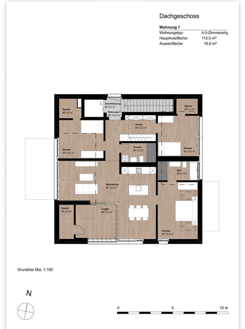 Floor Plan. Floor plan of a 4.5-room apartment on the roof floor, including living room, kitchen, 3 bedrooms, 2 bathrooms, entrance, and loggia.