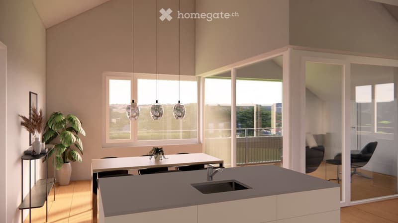 Furnished Room. Modern, open-plan living and dining area with large windows and a balcony. Features a white dining table with chairs, a grey sofa, a sink with a faucet, and decorative plants and vases.