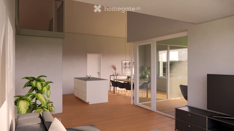 Furnished Room. Modern open-plan living and dining area with wooden flooring, grey sofa, coffee table, kitchen island, dining table with chairs, and a television on a stand.