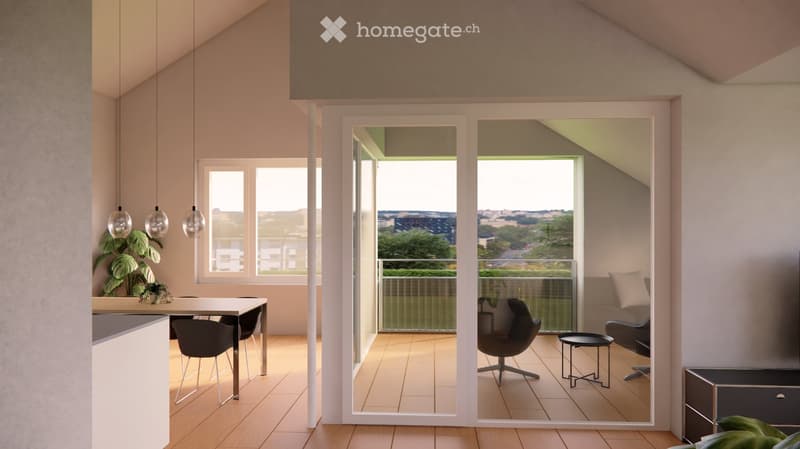 Furnished Room. Modern, open-plan living and dining area with large windows and a balcony overlooking a cityscape. Features include a dining table with chairs, a sofa, a stool, pendant lamps, and indoor plants.