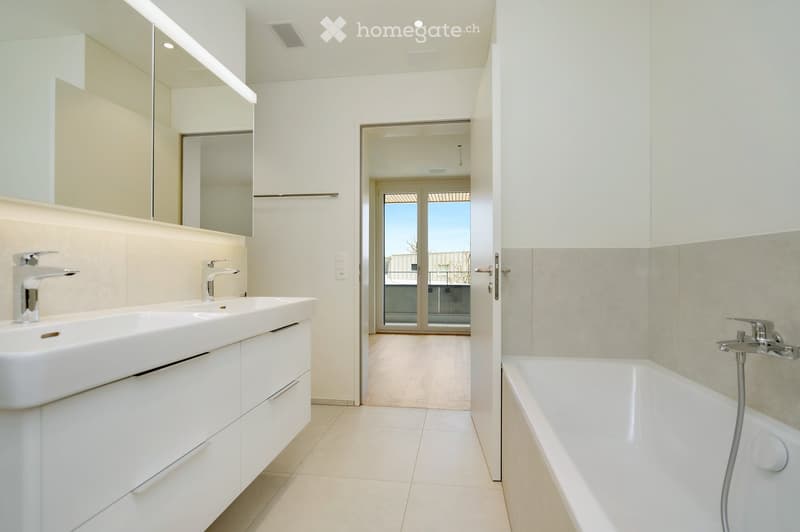 modern bathroom, white vanity with double sink, bathtub, large mirror, glass door, wood floor