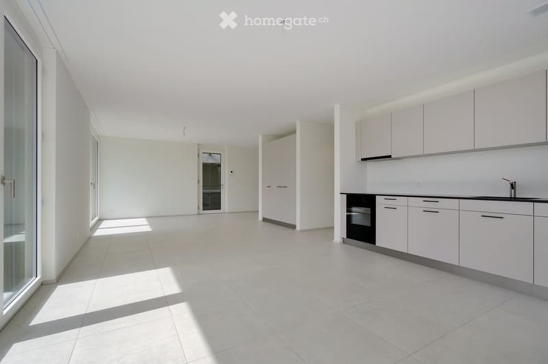 modern kitchen, white cabinetry, black countertops, glass doors, integrated appliances, tiled flooring