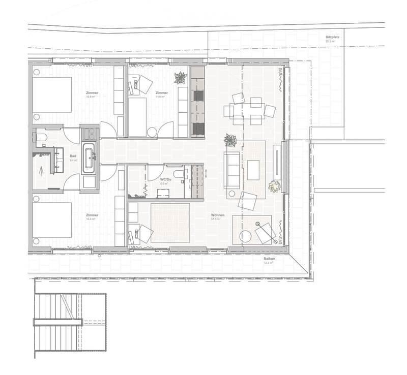 2 rooms, 1 bathroom, balcony