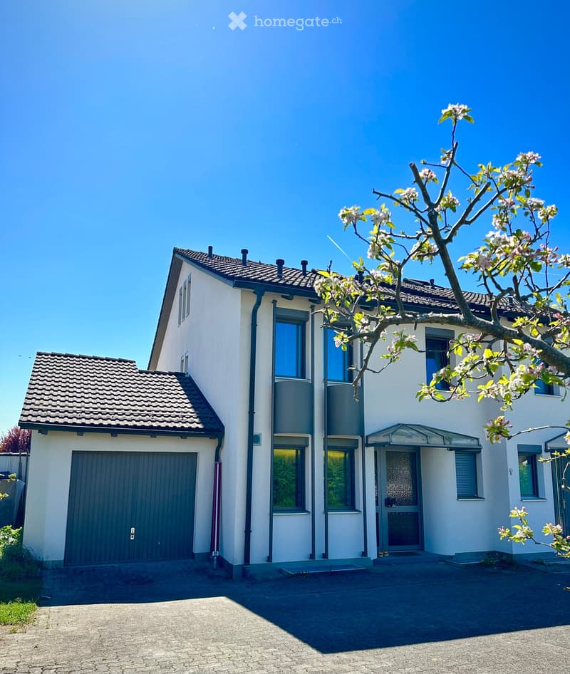 House. Two-story house with white exterior, dark grey garage door, multiple windows, and a blooming tree in front.