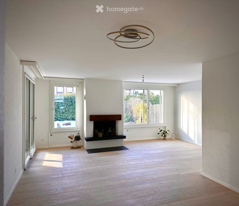 Unfurnished Room. Empty living room with light wooden flooring, white walls, large windows, and a fireplace with decorative plants.