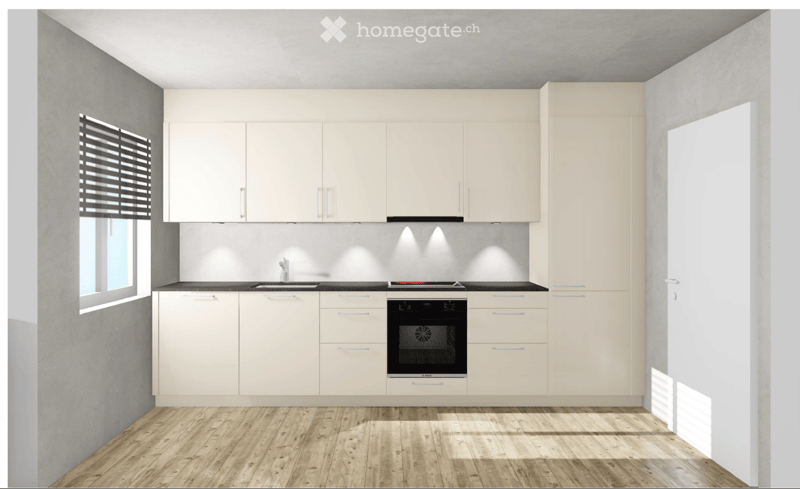 Kitchen. Modern kitchen with white cabinets, black countertop, wooden floor, and built-in oven.