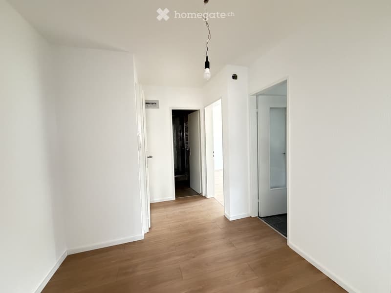 Corridor / Hallway. Empty hallway with white walls, wooden flooring, and several doors leading to other rooms.