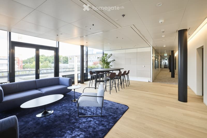 Furnished Room. Modern, well-lit lounge area with a blue sofa, white coffee table, grey armchair, round dining table with stools, and a potted plant near the window.