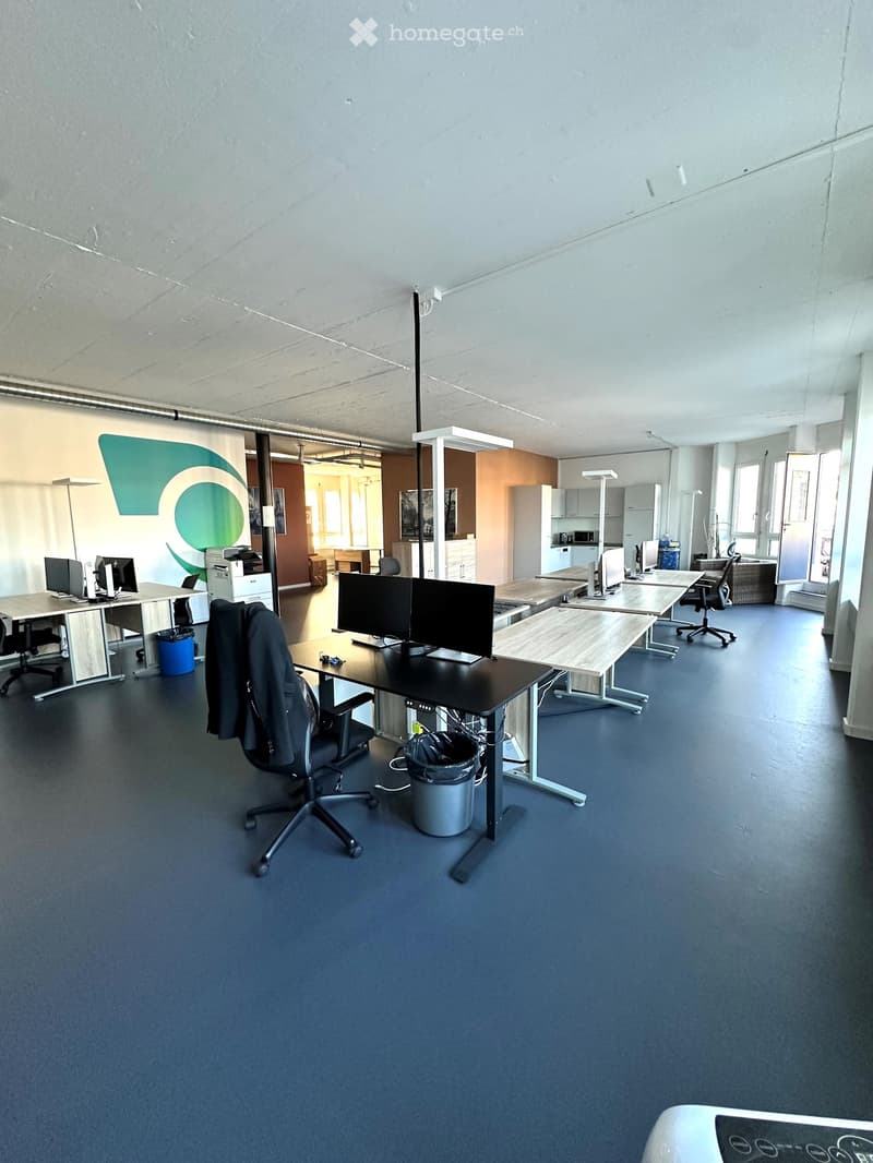 Furnished Room. Modern office space with desks, chairs, computer monitors, and a printer. The room features a blue carpeted floor and white walls.