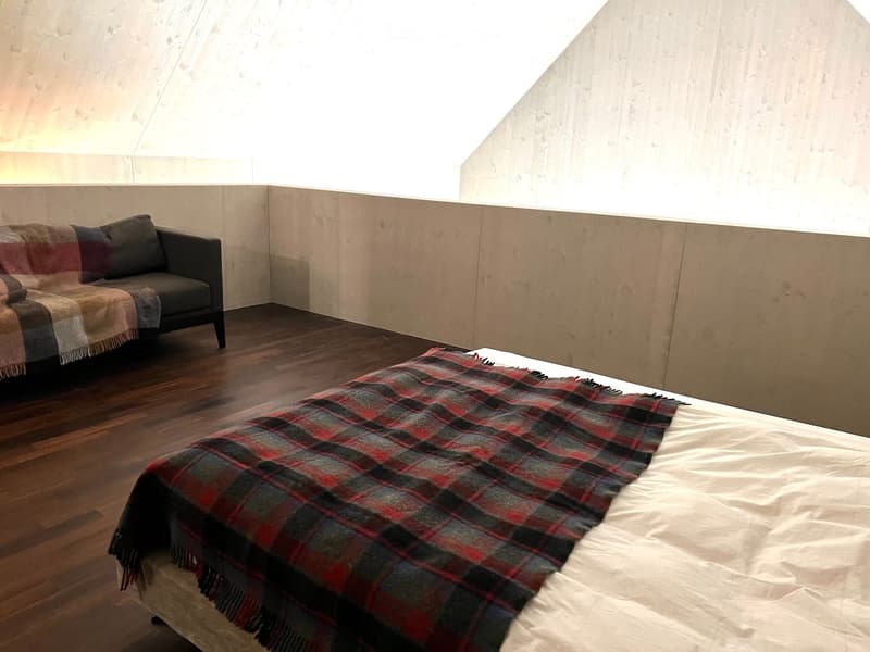 Modern bedroom with wooden flooring, a sofa, and a bed with a plaid blanket.