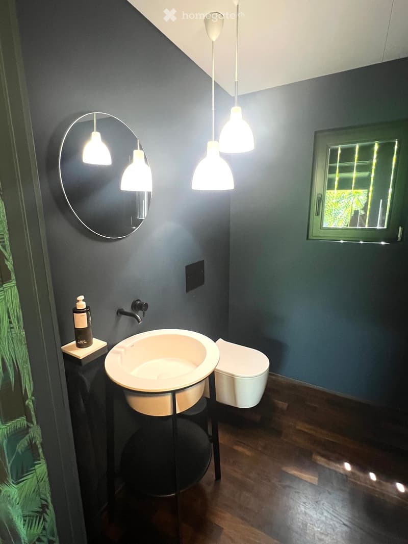 Modern bathroom with dark grey walls, a white sink on a black stand, a toilet, a large round mirror, and a bottle on a small shelf. The room features pendant lights and a window with a view of greenery.