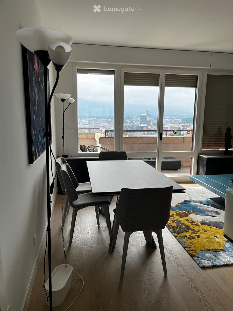 Modern dining area with a long table, chairs, floor lamp, painting, and a view of the city through large windows.