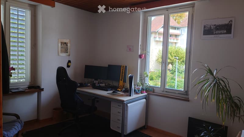 Desk with 2 monitors, keyboard, mouse, basket, plant, radiator, shelves, basket, desk lamp