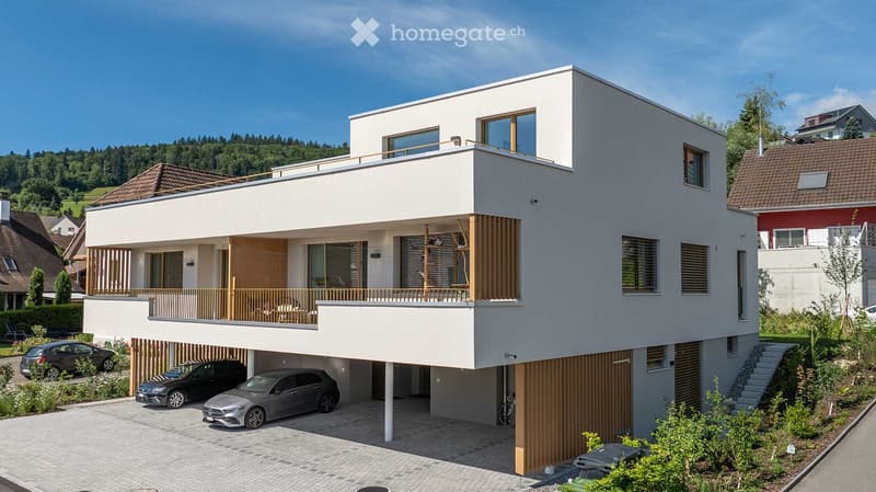House. Modern two-story house with white facade, large windows, balconies, and a covered garage with three parked cars.