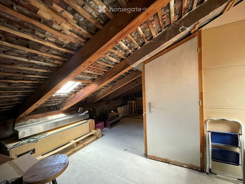 An attic space with exposed wooden beams and stone walls, featuring a skylight, a closed door, and some storage items including a ladder and boxes.