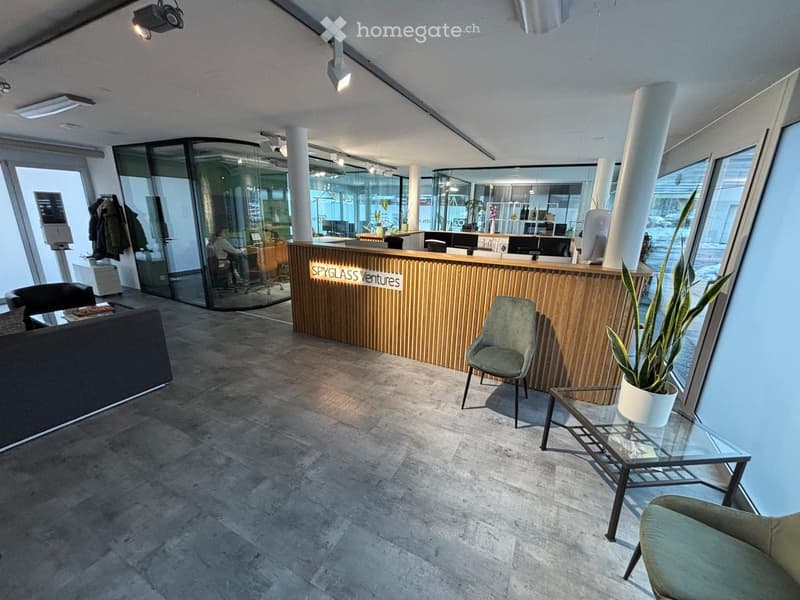 Modern office lobby with a reception desk, seating area, and large windows. Features include a sofa, chairs, a small table with a plant, and a coat rack with jackets.