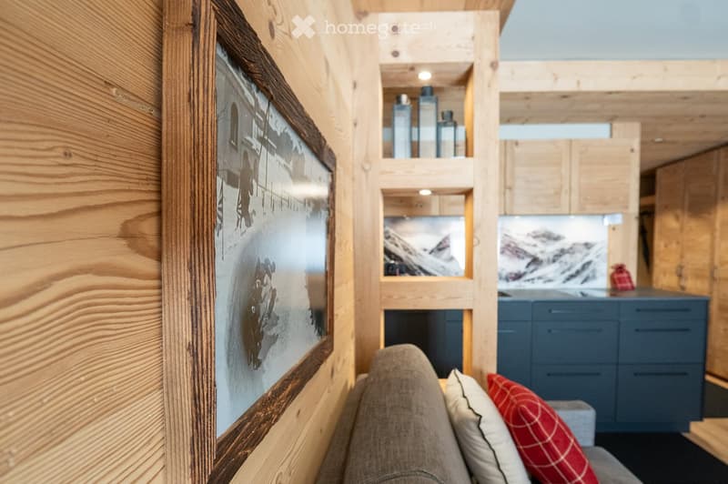 Living room, wooden walls, couch, fireplace, picture frame, open cabinets, kitchen island