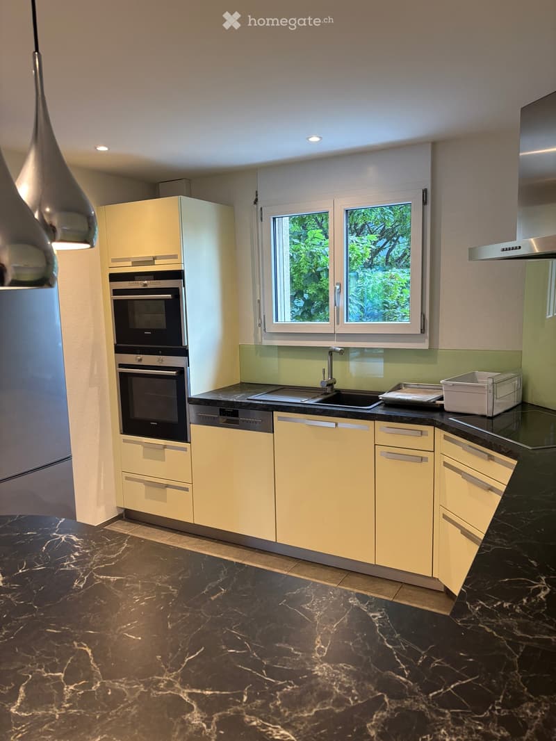 Modern kitchen with light-colored cabinets, black countertops, and stainless steel appliances including a refrigerator, oven, and dishwasher. Features a sink with a modern faucet and a window overlooking greenery.