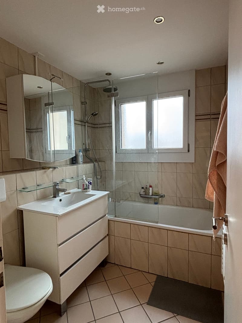 Bathroom with bathtub, shower, sink, toilet, mirror, and towel rack