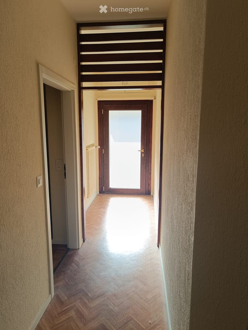 A narrow hallway with wooden herringbone flooring, beige walls, and a large glass door at the end leading to natural light.