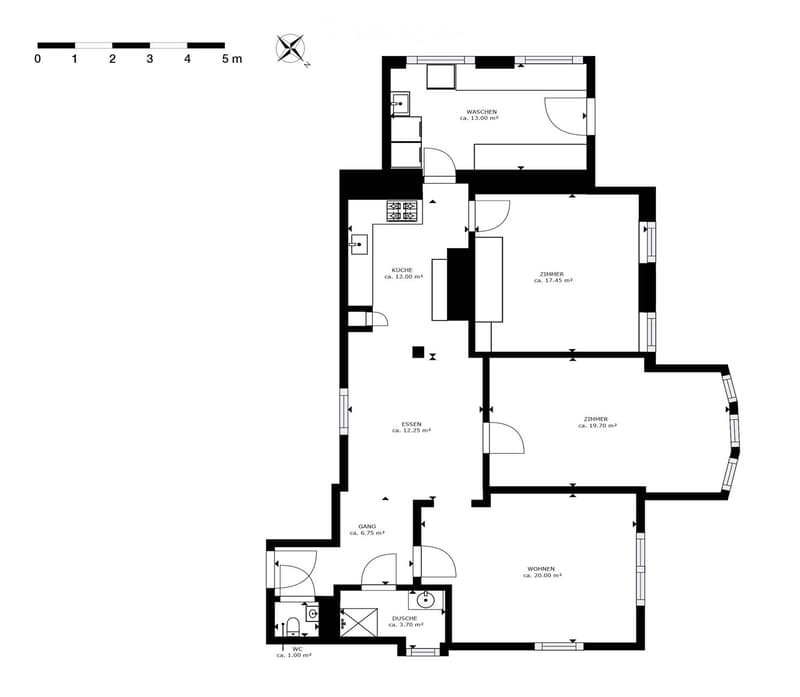 Floor Plan. Floor plan of a residential space with labeled rooms including kitchen, living room, dining area, hallway, bathroom, and WC.