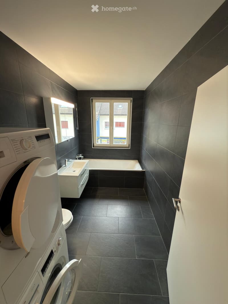 Modern bathroom with dark tiled walls and floor, featuring a bathtub, sink, washing machine, and toilet. Two windows provide natural light.