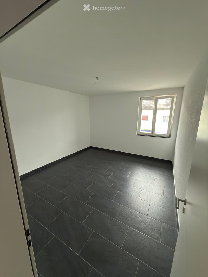 Empty room with light green walls, dark grey tiled floor, and a window with white frame and glass panes.