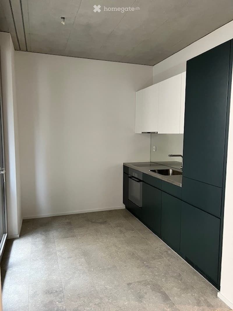 Empty kitchen with white cabinets, dark countertops, and a sink. No furniture or appliances are present.