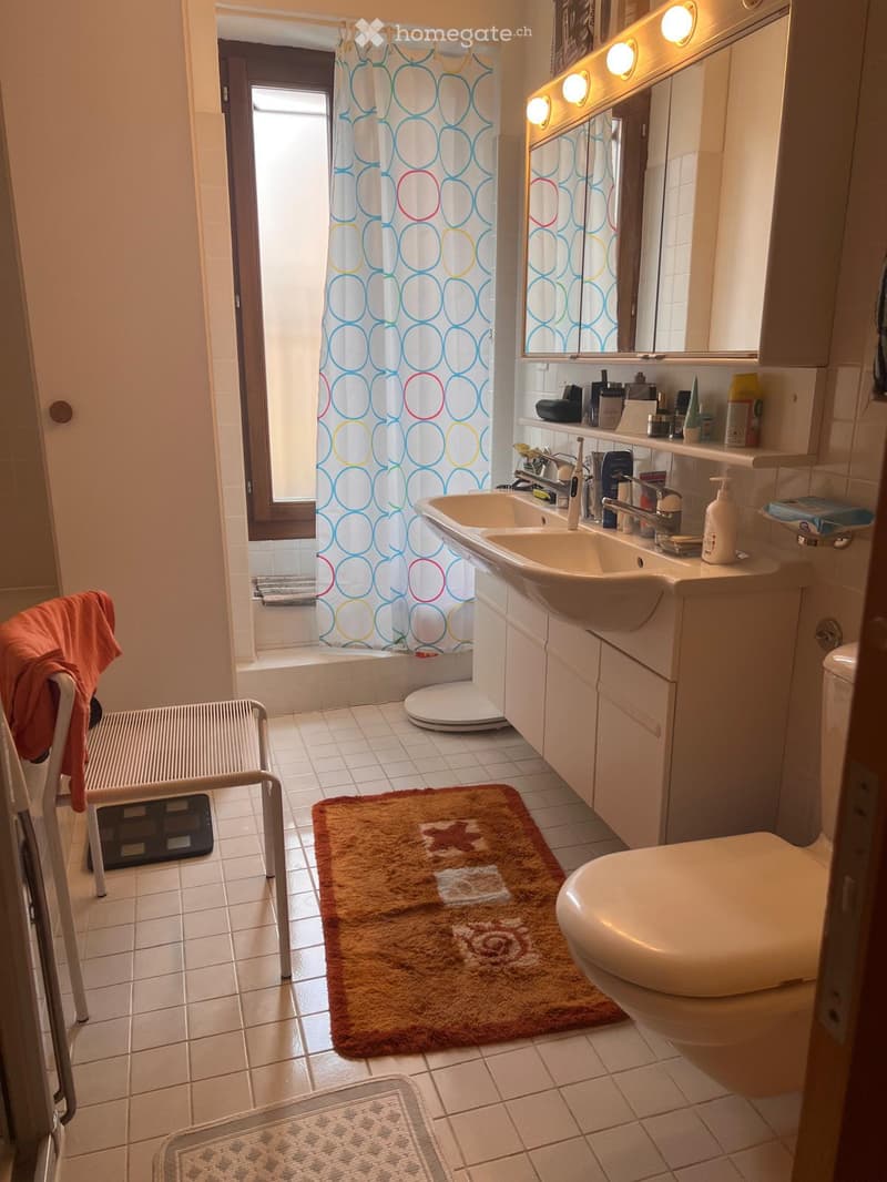 Bathroom with double sink, toilet, mirror, cabinet, shower curtain, and rugs.