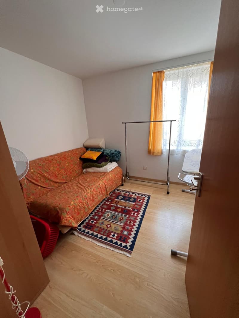 A small, cozy living room with a patterned sofa, a colorful rug, a fan, a curtain, and a clothes rack.