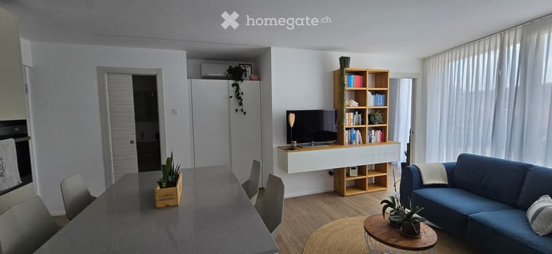 Modern living room with a blue sofa, coffee table, dining table, chairs, bookshelf, TV, and plants.