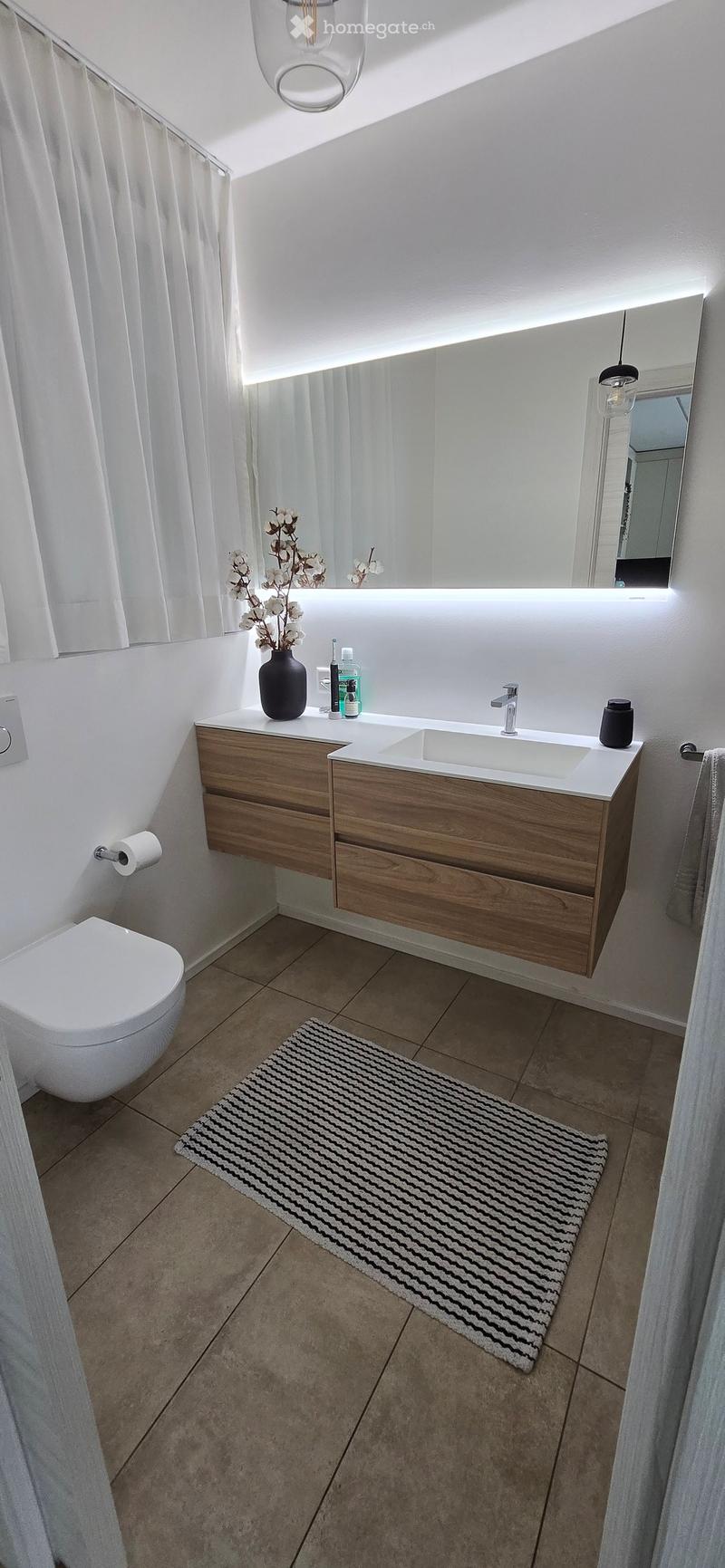 Modern bathroom with a double sink vanity, large mirror, toilet, and decorative vase on the counter. Features a striped rug on the floor and a sleek, contemporary design.