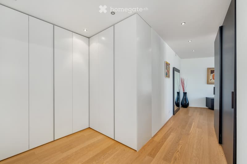 Modern hallway with light wooden flooring, white walls, built-in white closet units, and decorative vases on the floor.