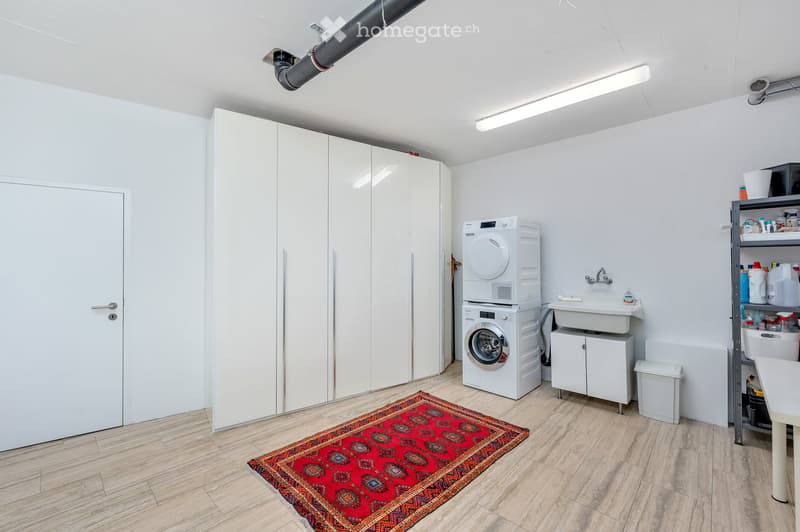 A modern, well-lit laundry room with a washing machine, dryer, sink, and storage cabinets. The room features a wooden floor and a colorful rug.