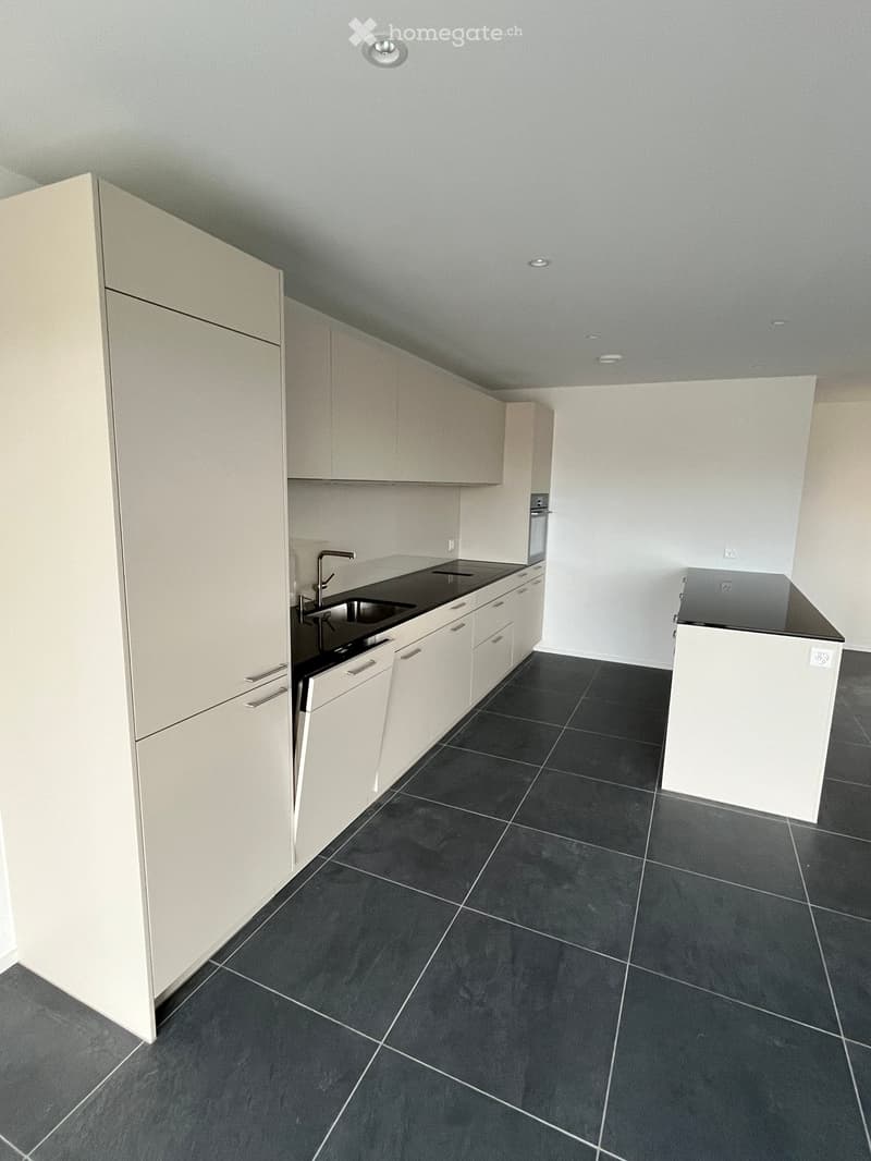 modern kitchen with white cabinets, black countertops, built-in dishwasher, island