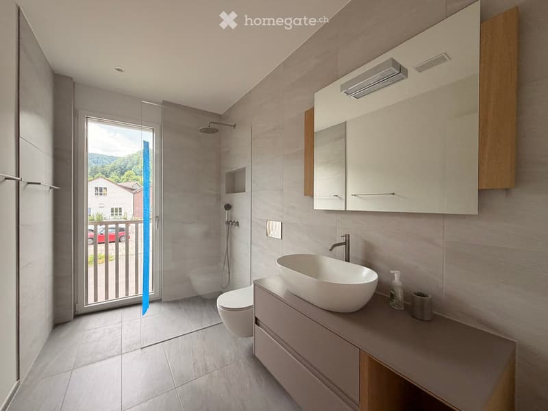 Modern bathroom with a large sink, toilet, shower, and mirrored cabinet. The space features a glass shower enclosure and a view of the outdoor area through a sliding door.