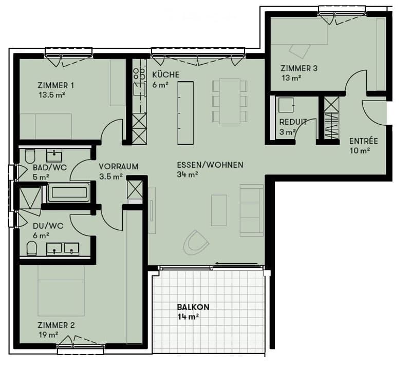 Floor plan of a 4-room apartment with a kitchen, living/dining area, three bedrooms, two bathrooms, a hallway, and a balcony.