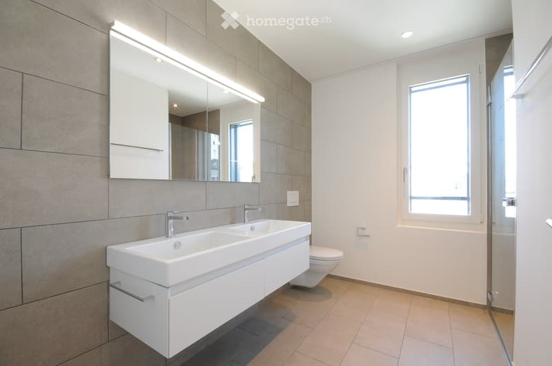 Modern bathroom with a double sink, large mirror, and built-in cabinetry. Features a window and a toilet in the background.