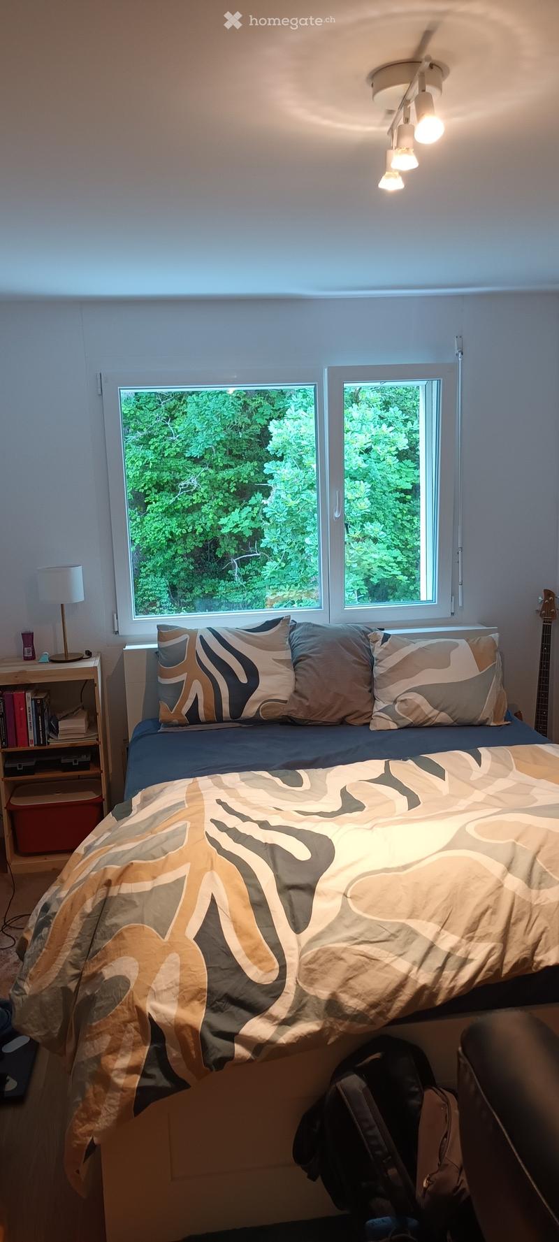 A cozy bedroom with a large bed, patterned pillows and blanket, a small table with a lamp, and a guitar leaning against the wall. The room has large windows with a view of greenery outside.