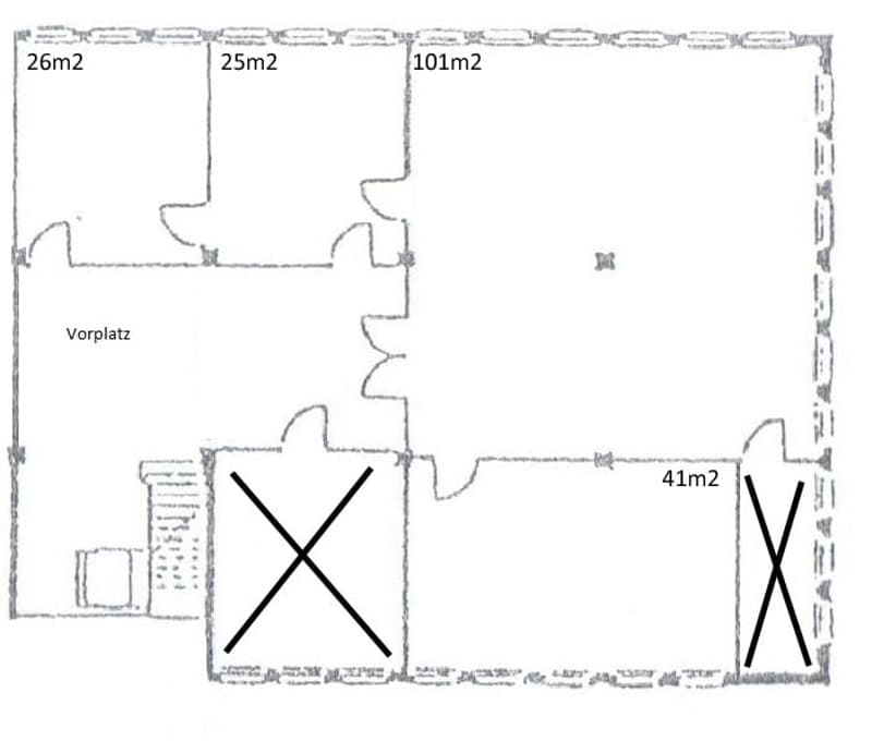 Floor plan showing a large open space (101m2), a smaller room (41m2), a hallway (25m2), and an entryway (26m2).