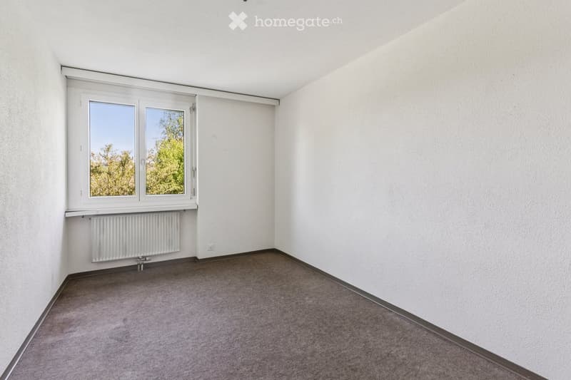 Empty room with white walls, carpeted floor, large window with white frame, radiator below window, and visible electrical outlet on wall.