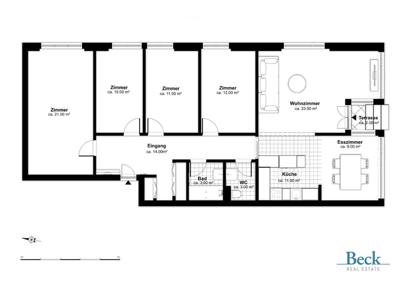 Floor plan of a residential unit with four bedrooms, a living room, dining room, kitchen, bathroom, and a terrace.