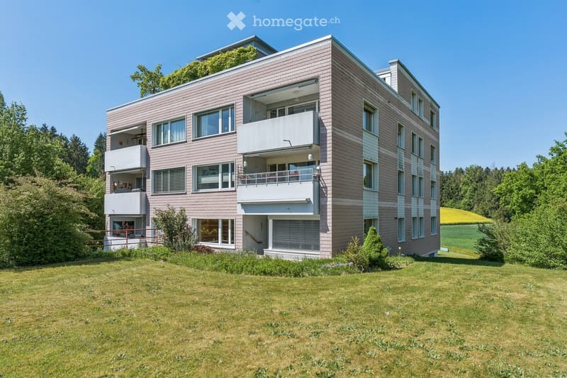 Modern, multi-story house with pinkish-brown facade, large windows, and balconies overlooking a grassy lawn and surrounding greenery.