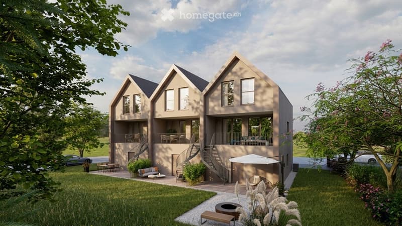 Modern two-story house with beige exterior, large windows, and a spacious front yard with outdoor seating and a fire pit.