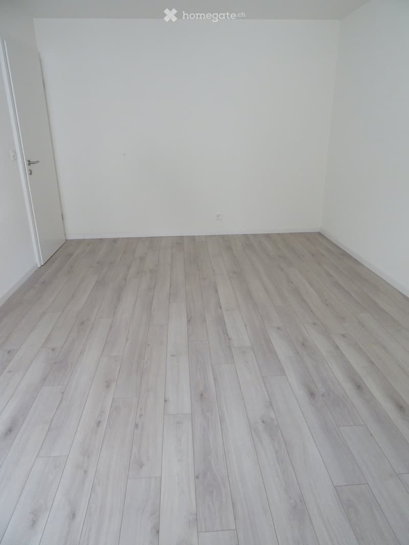 Empty room with light grey wooden flooring and white walls, featuring a single white door on the left side.
