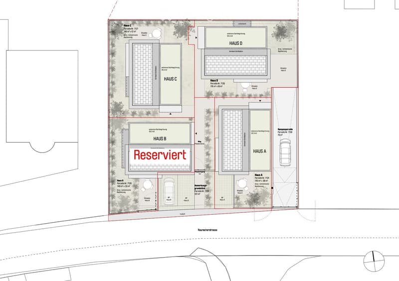 Floor plan showing four houses (Haus A, Haus B, Haus C, Haus D) with labeled plots, parking spaces, and a reserved area.