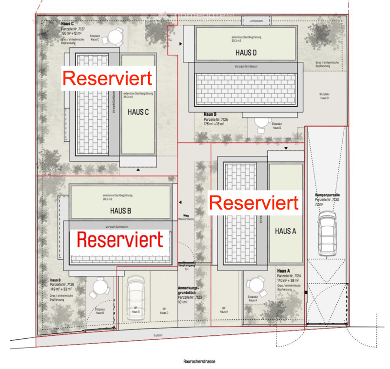 Floor plan showing four houses (Haus A, Haus B, Haus C, Haus D) with labeled plots, parking spaces, and reserved areas.